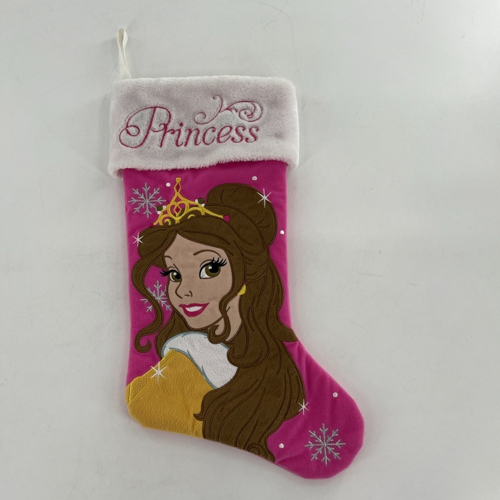 Disney‎ Pink Felt Christmas Stocking Belle Beauty & Beast Applique Embroider 20"